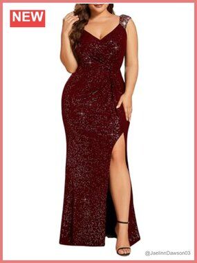 Ever-Pretty Plus Size Glitter V-Neck High Split Bodycon Prom Dress